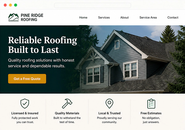 Example website for a local roofing business on the LeftField Local Managed Plan